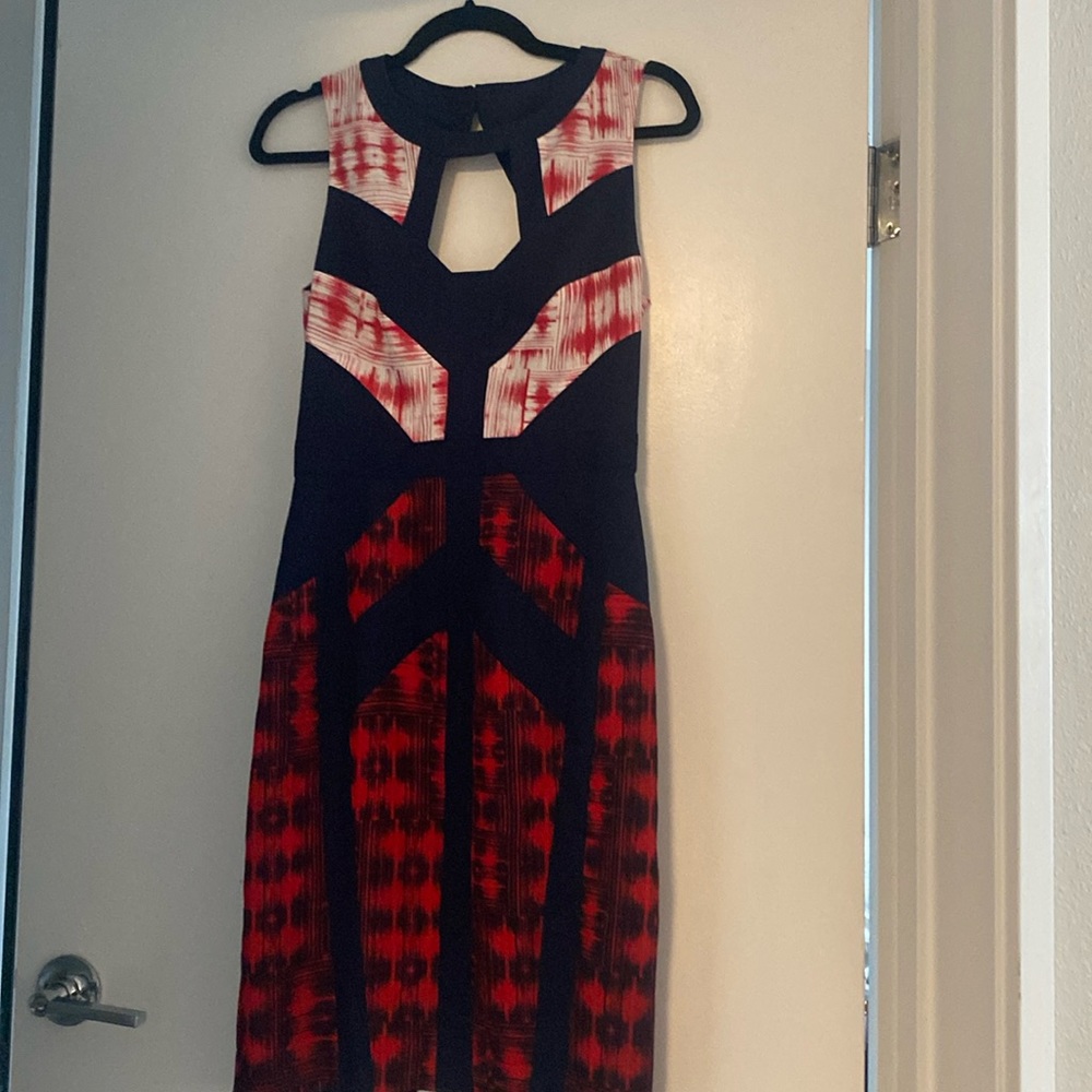Vintage BCBG Max Azria structured midi dress with chest cutout